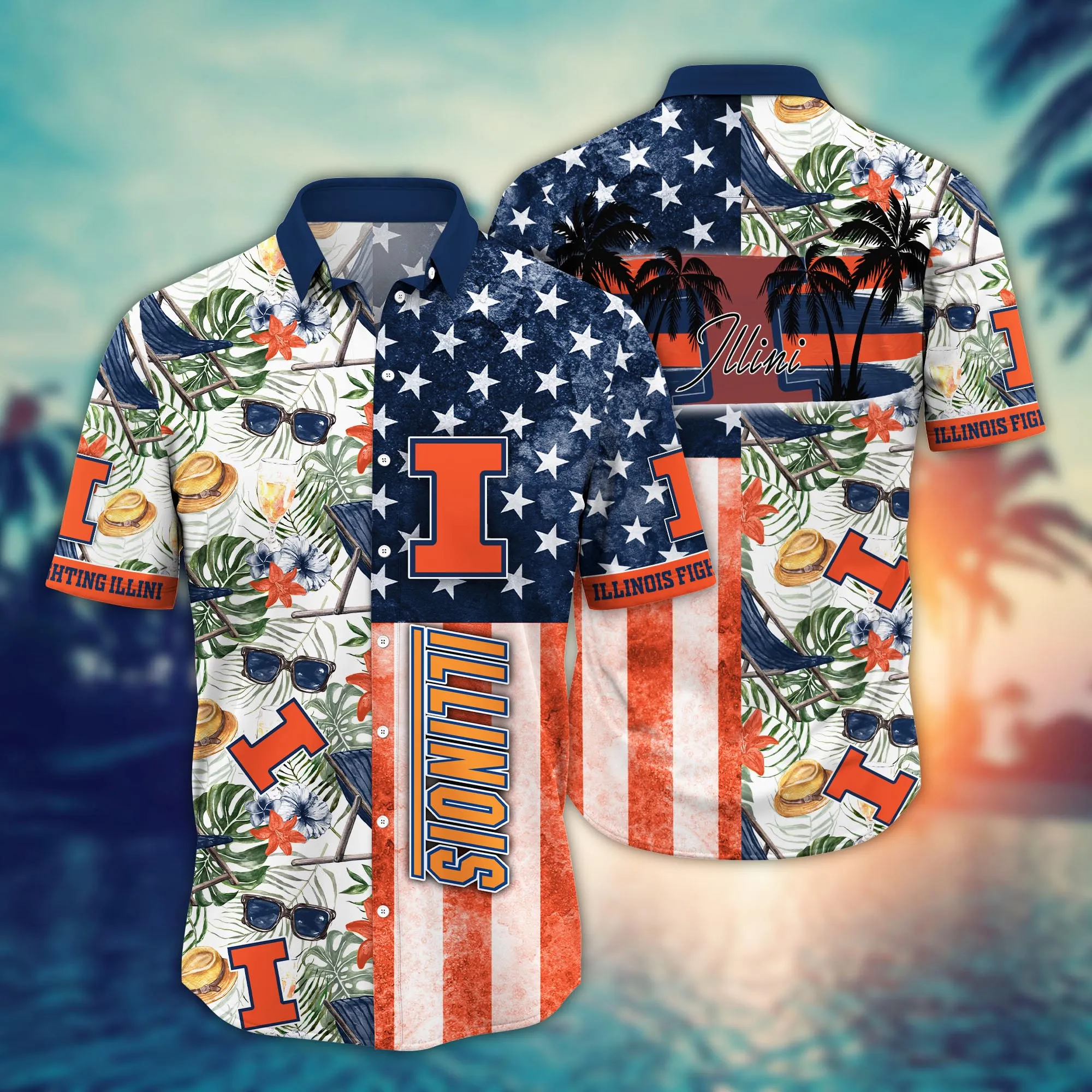Illinois Fighting Illini Floral America Flag Pattern Hawaiian Shirt Illinois Fighting Illini Floral America Flag Pattern Hawaiian Shirt