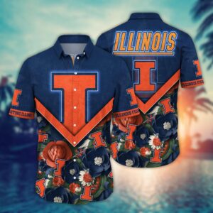 Illinois Fighting Illini Logo Tropical Floral Aloha Hawaiian Shirt
