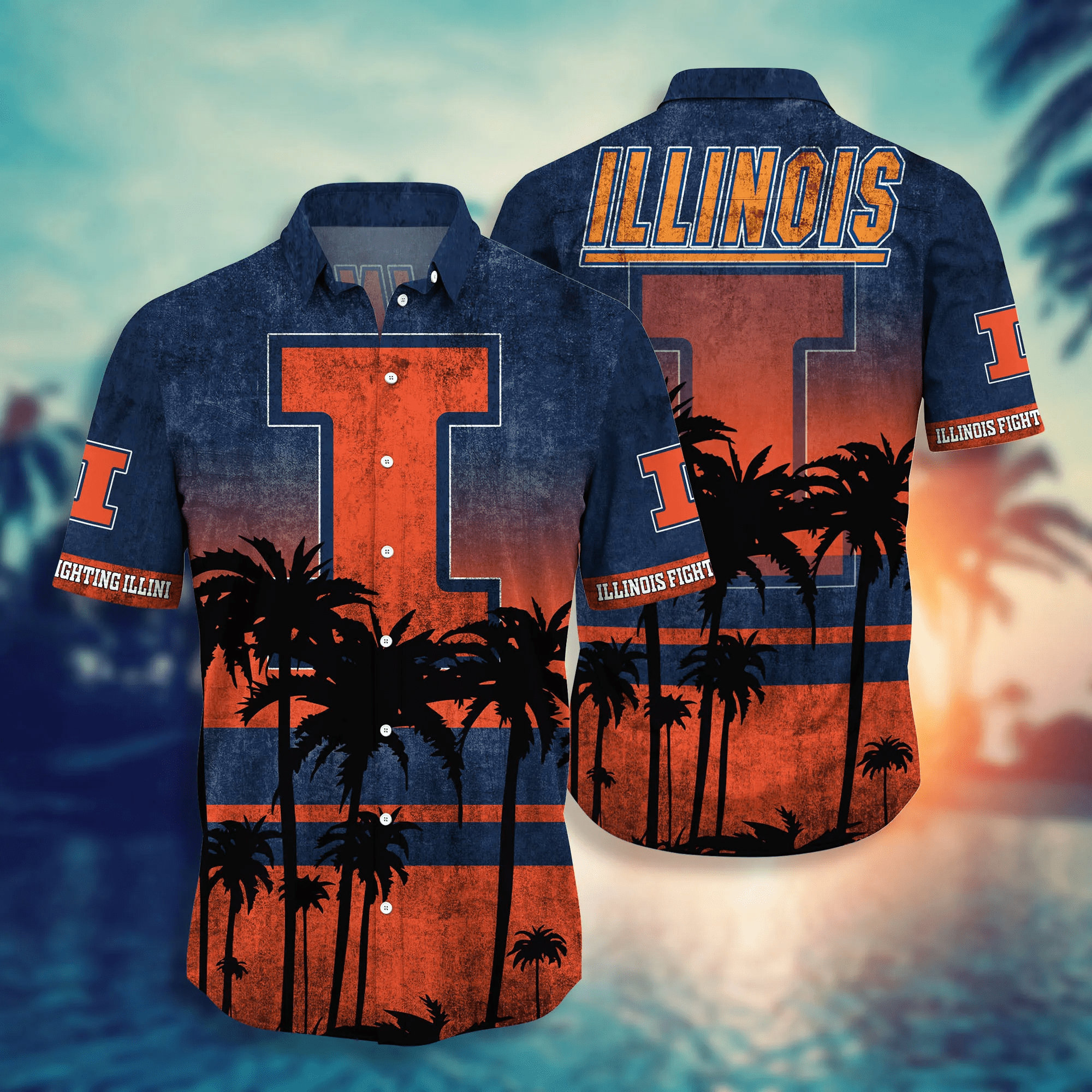 Illinois Fighting Illini Palm Tree Island Hawaiian Shirt Illinois Fighting Illini Palm Tree Island Hawaiian Shirt