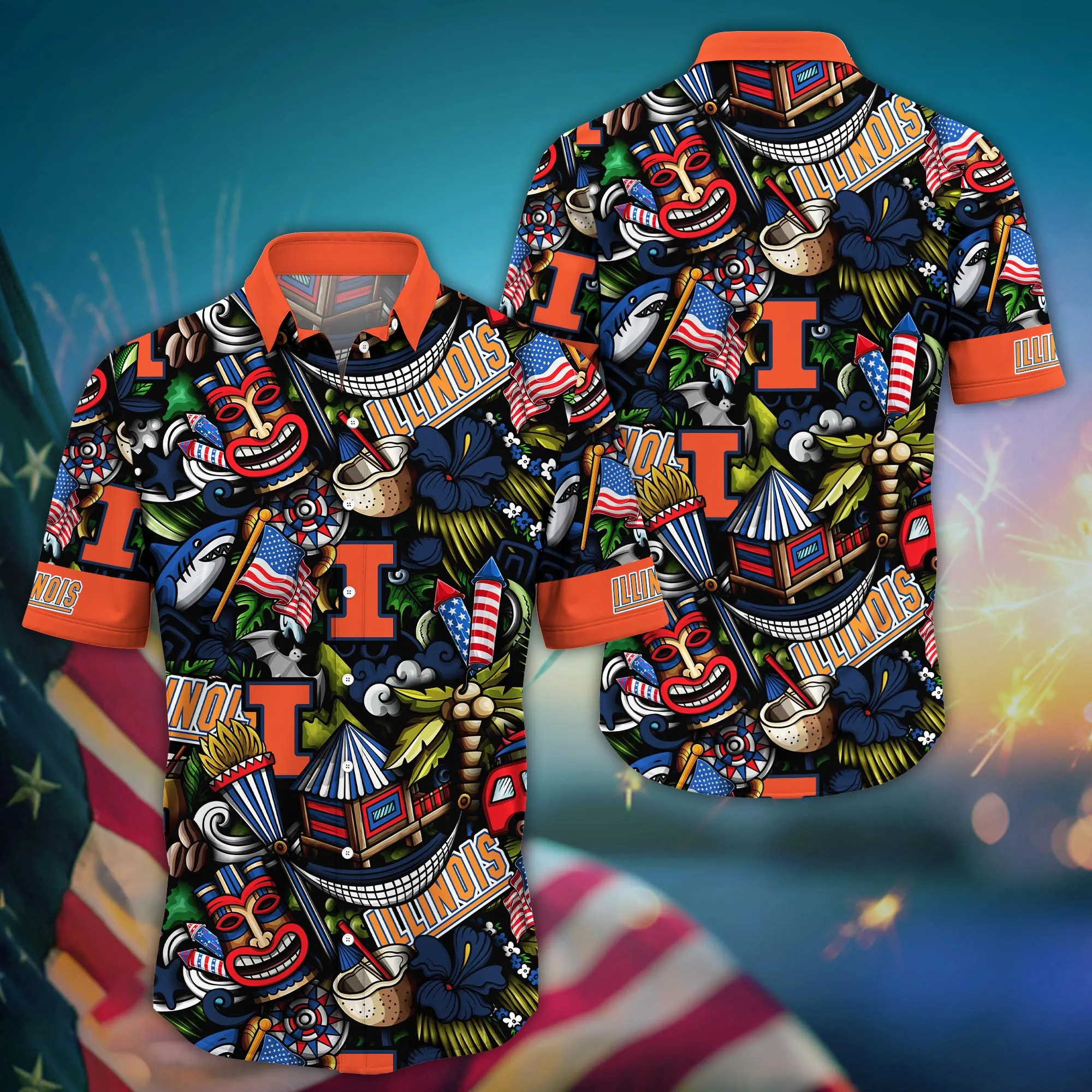 Illinois Fighting Illini Tiki Aloha Hawaiian Shirt Illinois Fighting Illini Tiki Aloha Hawaiian Shirt