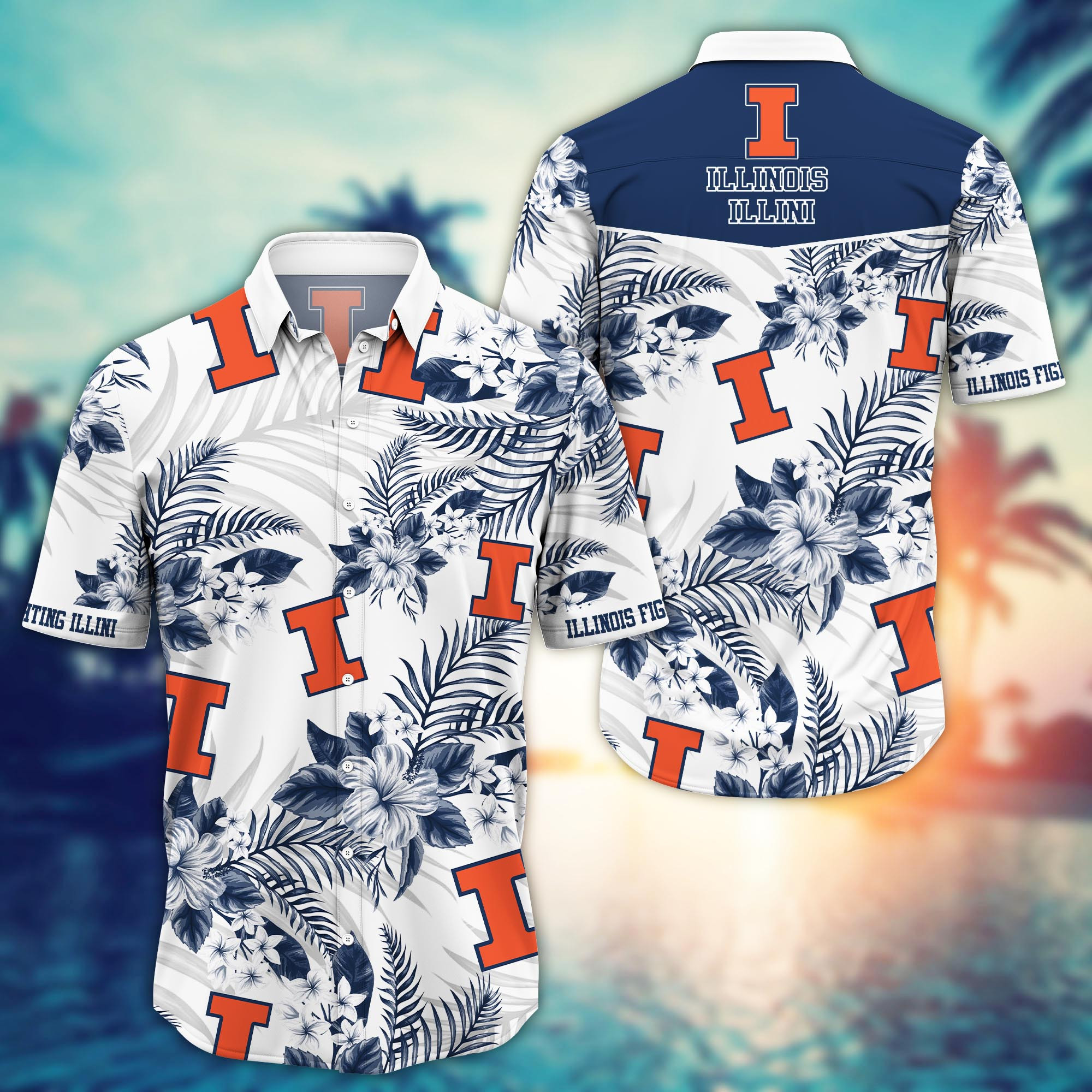 Illinois Fighting Illini White Tropical Floral Aloha Hawaiian Shirt Illinois Fighting Illini White Tropical Floral Aloha Hawaiian Shirt