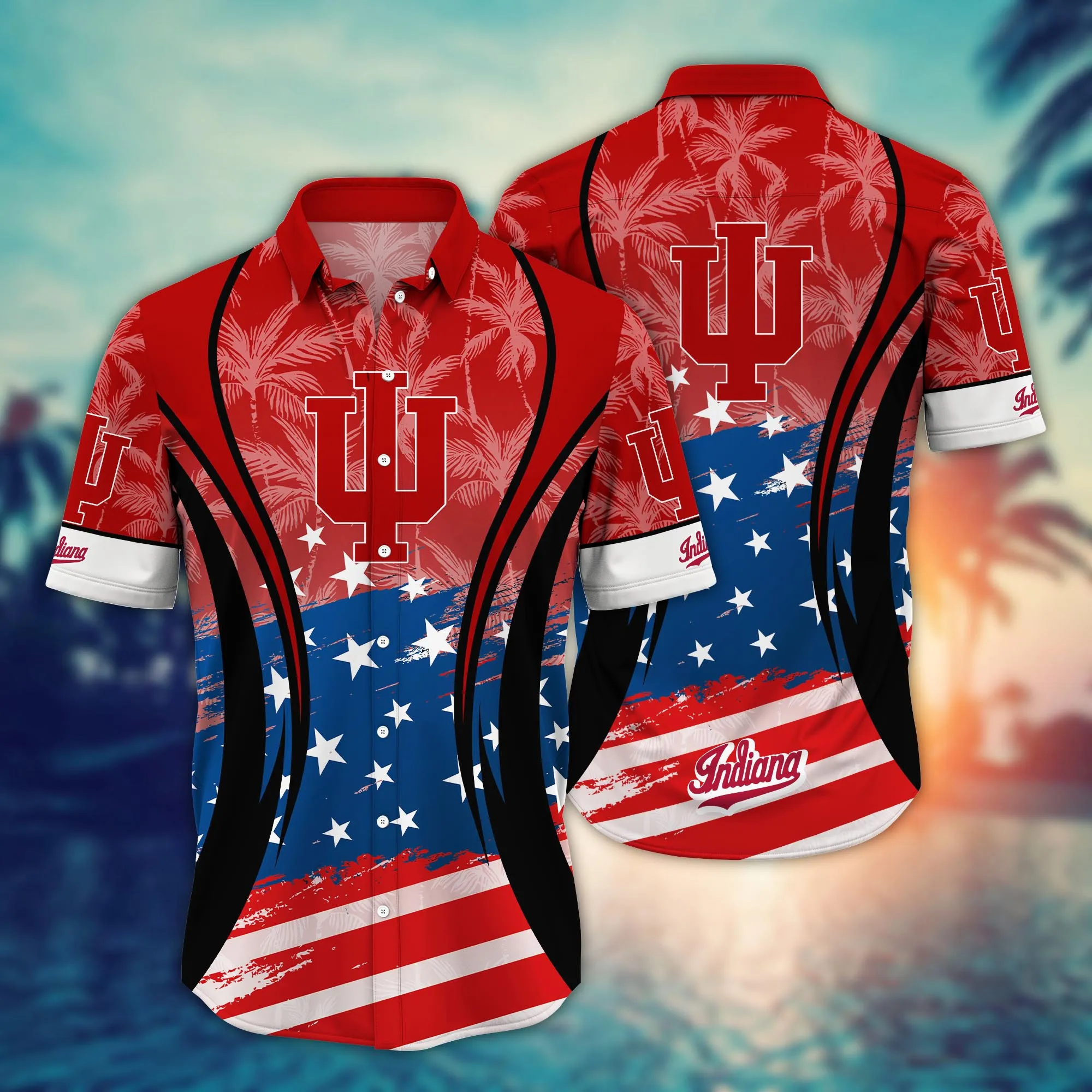 Indiana Hoosiers US Flag Pattern Hawaiian Shirt Indiana Hoosiers US Flag Pattern Hawaiian Shirt