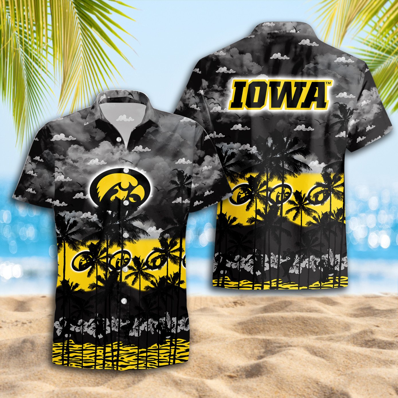 Iowa Hawkeyes Black Palm Tree Beach Hawaiian Shirt Iowa Hawkeyes Black Palm Tree Beach Hawaiian Shirt