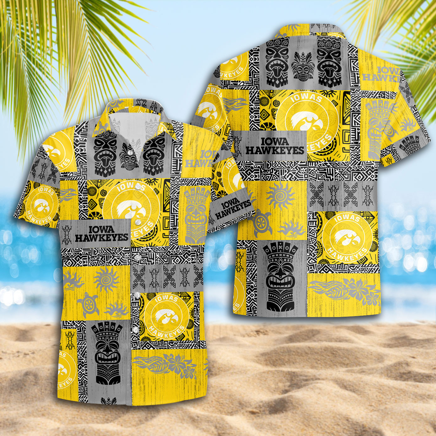 Iowa Hawkeyes Checkerboard Tiki Pattern Hawaiian Shirt Iowa Hawkeyes Checkerboard Tiki Pattern Hawaiian Shirt