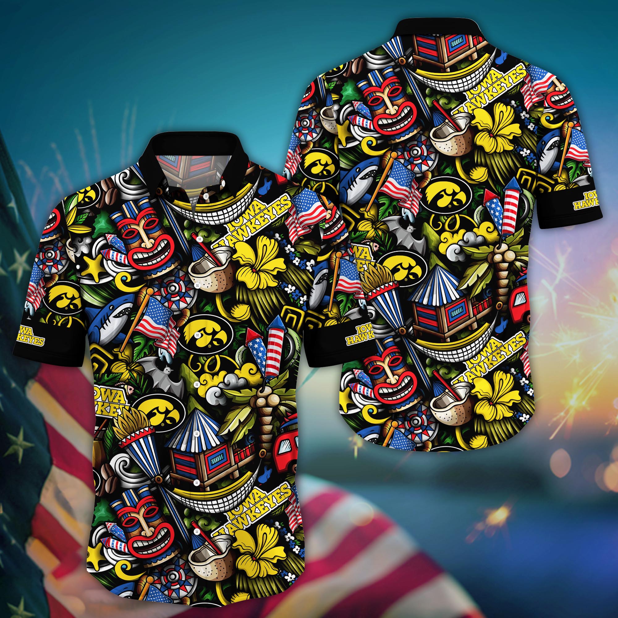 Iowa Hawkeyes Tiki Pattern Hawaiian Shirt Iowa Hawkeyes Tiki Pattern Hawaiian Shirt