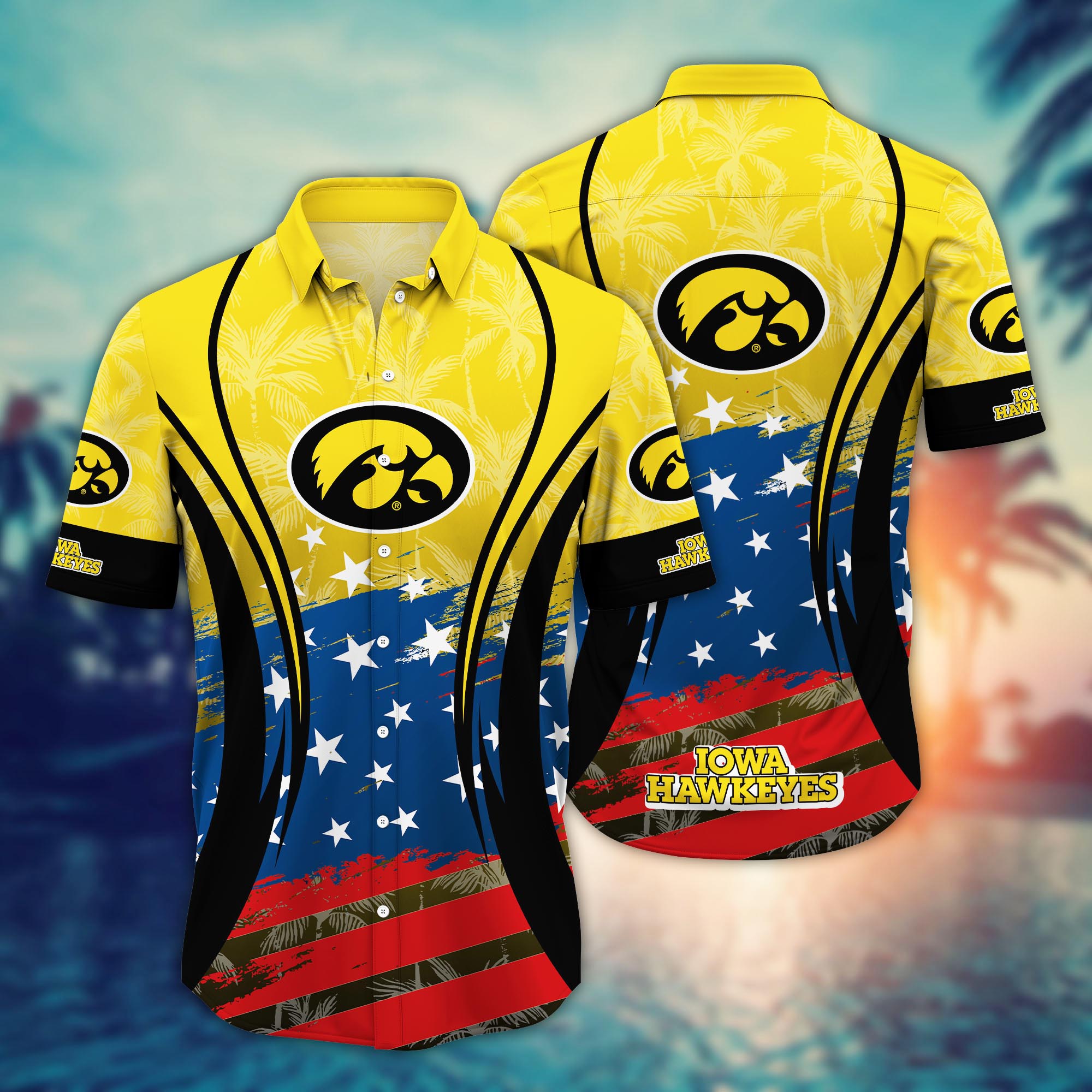 Iowa Hawkeyes US Flag Pattern Hawaiian Shirt Iowa Hawkeyes US Flag Pattern Hawaiian Shirt