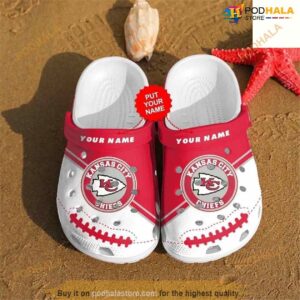 Kansas City Chiefs Custom Name Crocs Classic Clogs Shoes In Pink & Grey