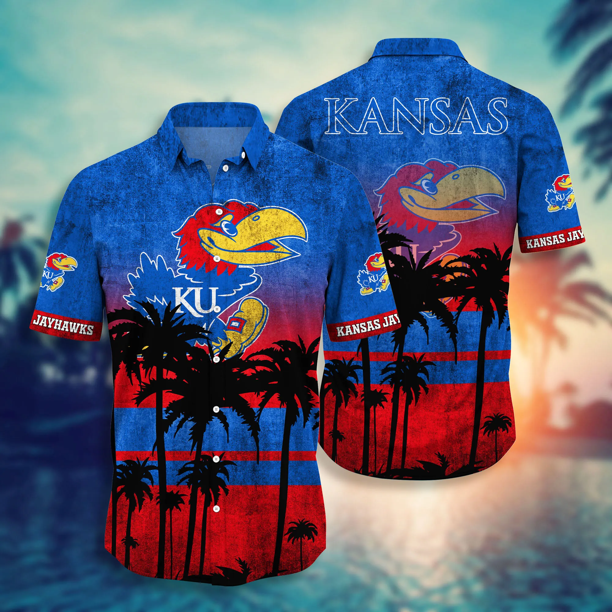 Kansas Jayhawks Black Palm Hawaiian Shirt Kansas Jayhawks Black Palm Hawaiian Shirt