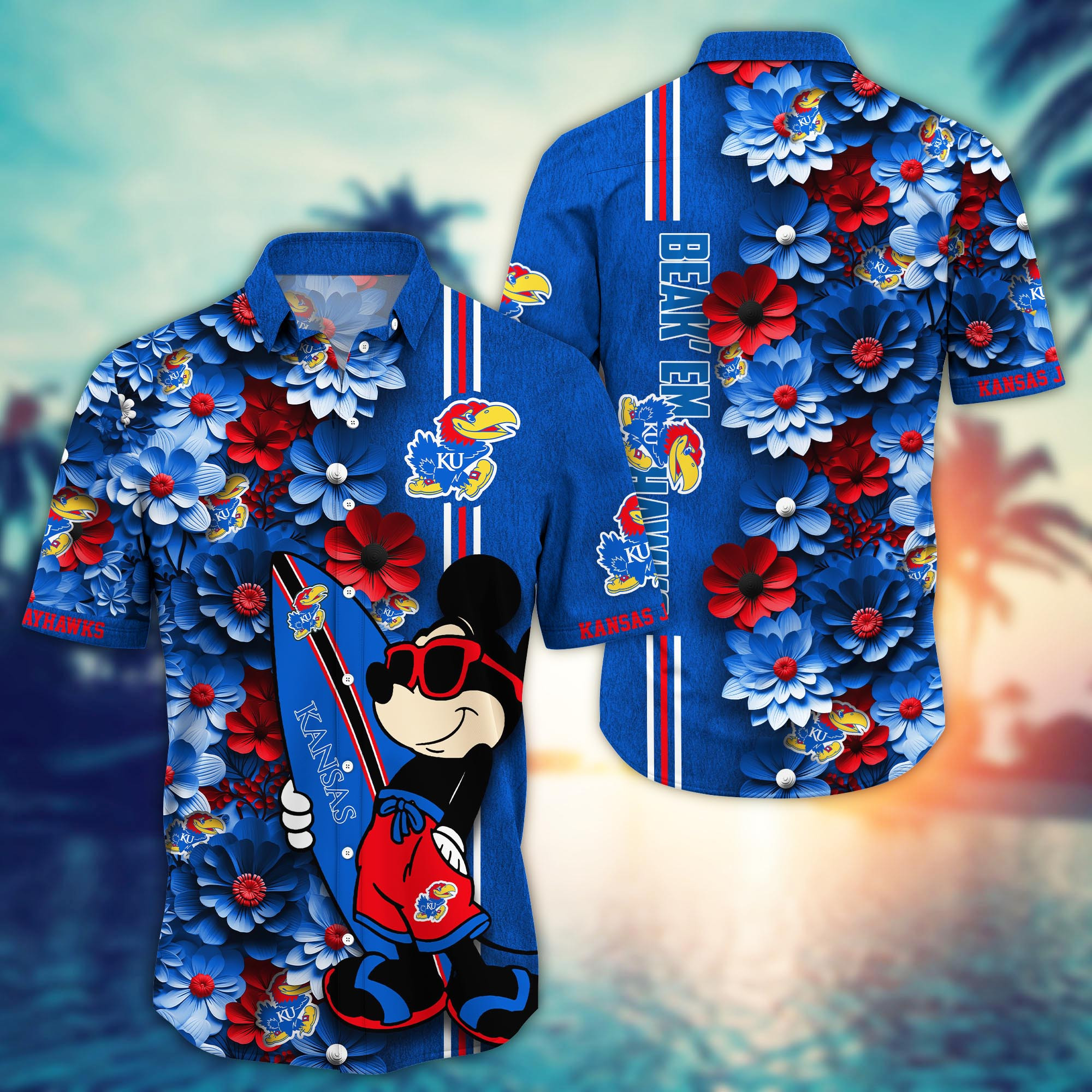 Kansas Jayhawks Mickey Mouse Love Surfing Hawaiian Shirt Kansas Jayhawks Mickey Mouse Love Surfing Hawaiian Shirt