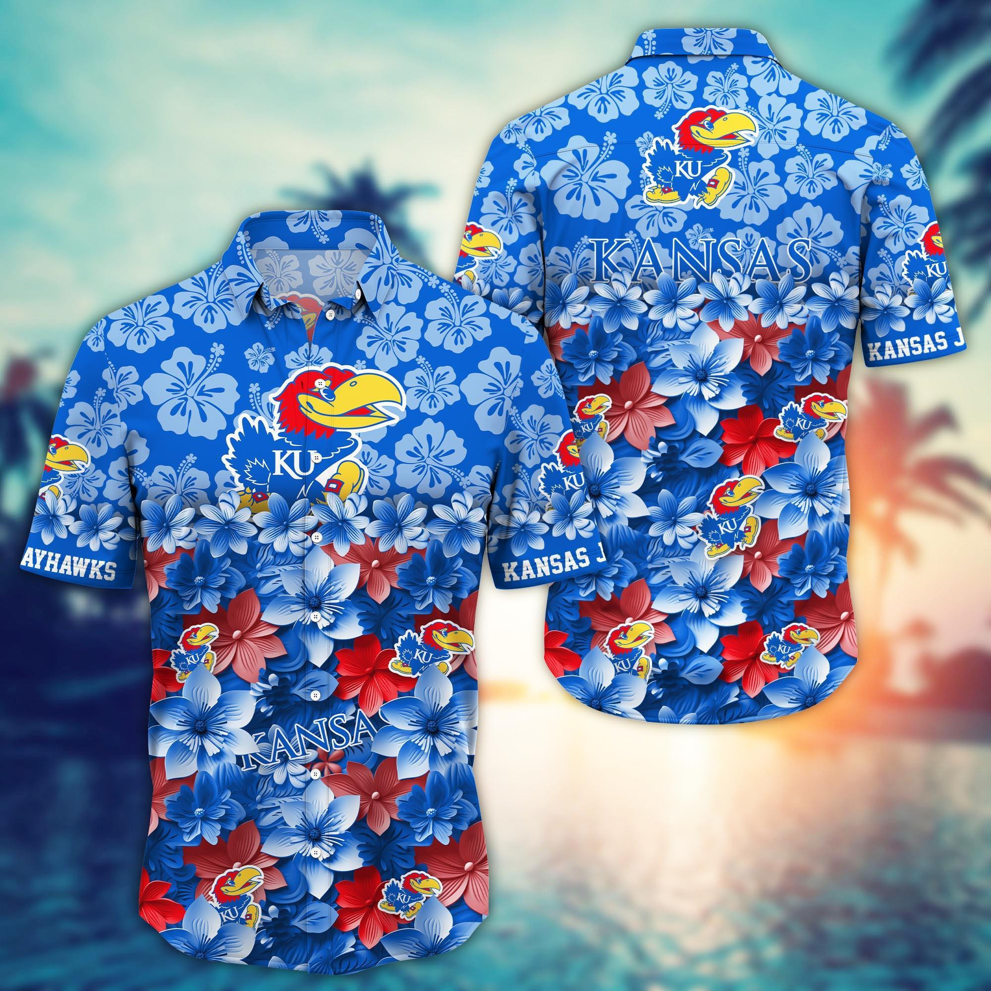 Kansas Jayhawks Tropical Flowers Hawaiian Shirt Kansas Jayhawks Tropical Flowers Hawaiian Shirt