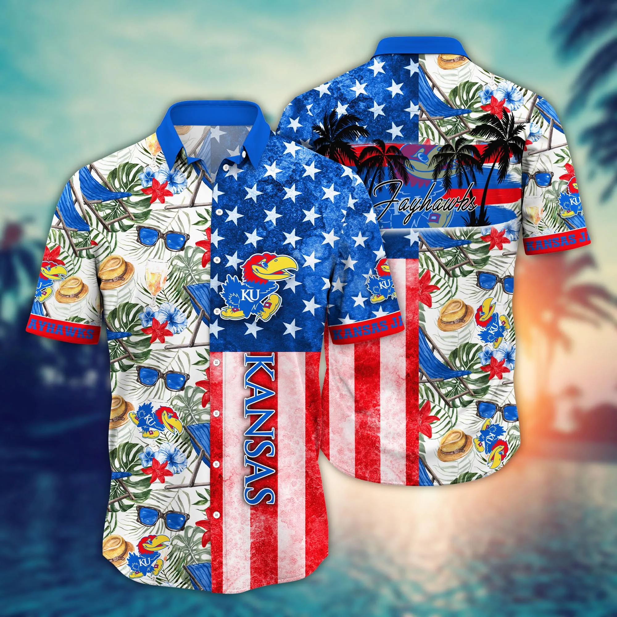 Kansas Jayhawks US Flag Palm Hawaiian Shirt Kansas Jayhawks US Flag Palm Hawaiian Shirt