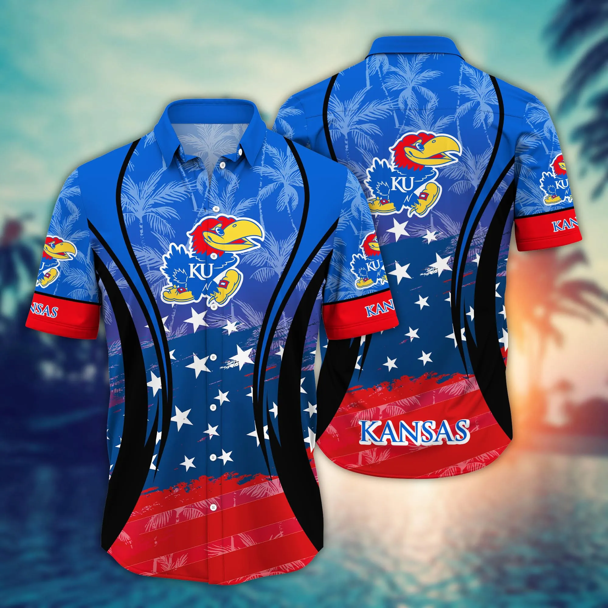 Kansas Jayhawks US Flag Pattern 4th Of July Hawaiian Shirt Kansas Jayhawks US Flag Pattern 4th Of July Hawaiian Shirt