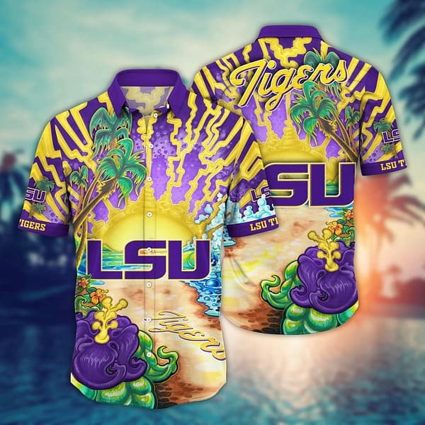 LSU Tigers Thunder Strike Beach Palm Tree Hawaiian Shirt LSU Tigers Thunder Strike Beach Palm Tree Hawaiian Shirt