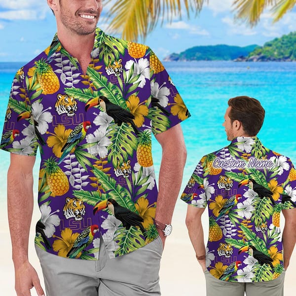 LSU Tigers Tropical Parrot Pineapple Hawaiian Shirt LSU Tigers Tropical Parrot Pineapple Hawaiian Shirt