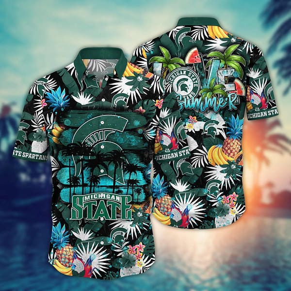 Michigan State Spartans Black Palm Tree Pineapple Floral Hawaiian Shirt Michigan State Spartans Black Palm Tree Pineapple Floral Hawaiian Shirt
