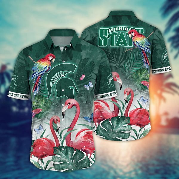 Michigan State Spartans Flamingo Couple Hawaiian Shirt Michigan State Spartans Flamingo Couple Hawaiian Shirt