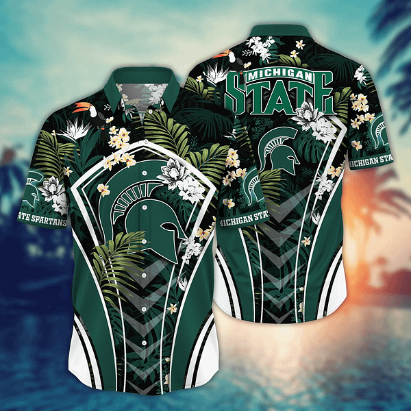 Michigan State Spartans Tropical Leaf Floral Armor Design Hawaiian Shirt Michigan State Spartans Tropical Leaf Floral Armor Design Hawaiian Shirt