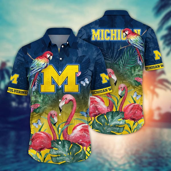 Michigan Wolverines Couple Flamingo Hawaiian Shirt Michigan Wolverines Couple Flamingo Hawaiian Shirt