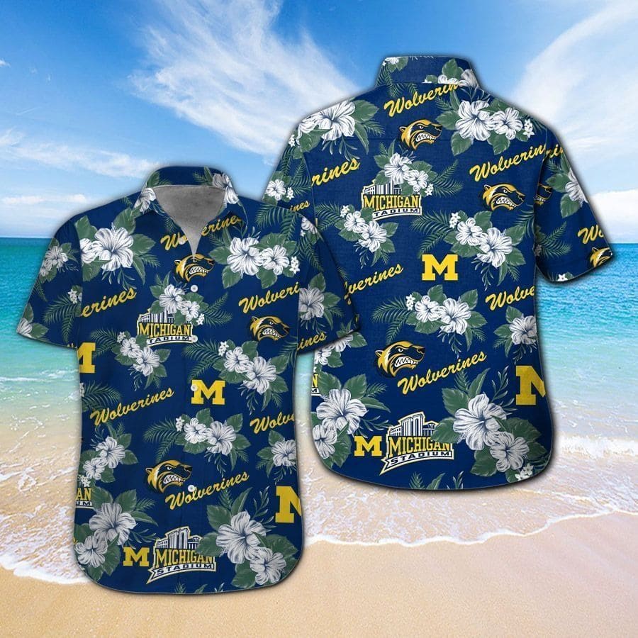 Michigan Wolverines Logo Mini Blossom Hawaiian Shirt Michigan Wolverines Logo Mini Blossom Hawaiian Shirt