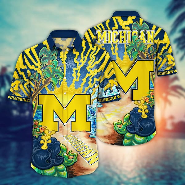 Michigan Wolverines Tropical Palm Tree Hawaiian Shirt Michigan Wolverines Tropical Palm Tree Hawaiian Shirt