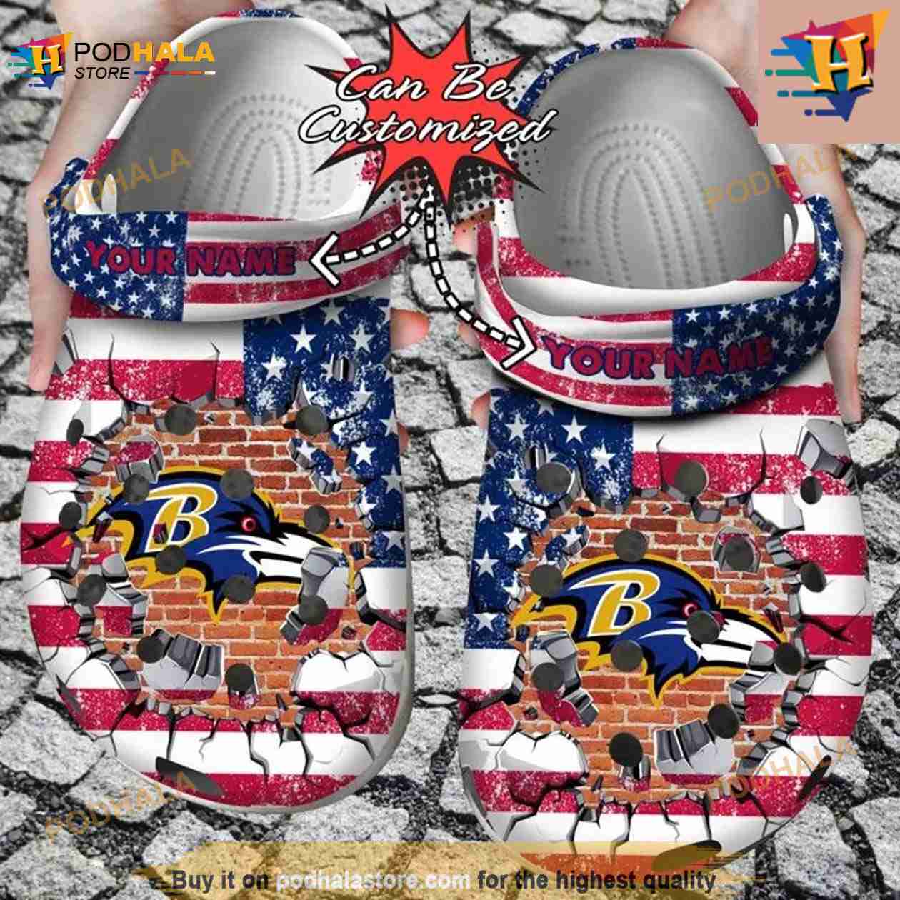 NFL Crocs Baltimore Ravens American Flag Breaking Wall Crocs Clog Shoes NFL Crocs Baltimore Ravens American Flag Breaking Wall Crocs Clog Shoes