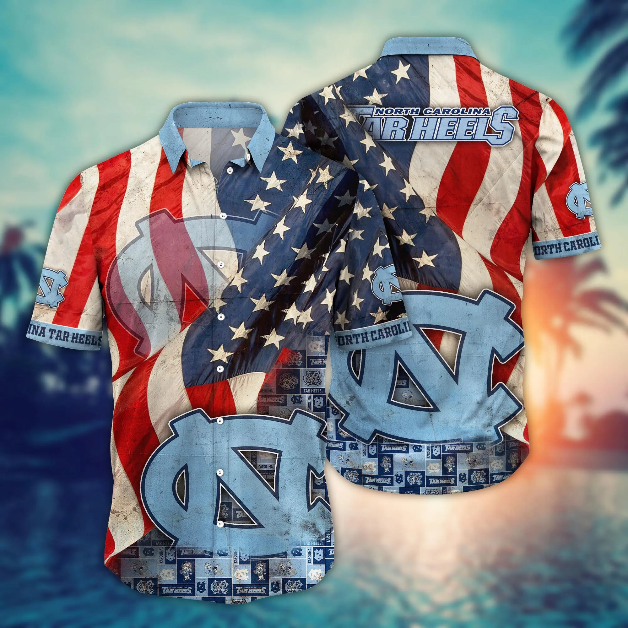 North Carolina Tar Heels Us Flag Pattern Hawaiian Shirt North Carolina Tar Heels Us Flag Pattern Hawaiian Shirt