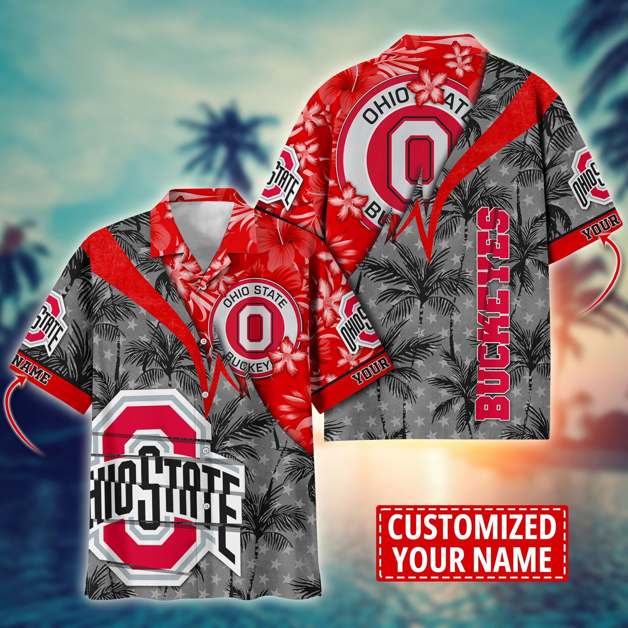 Ohio State Buckeyes Customized Name Gray Color Hawaiian Shirt Ohio State Buckeyes Customized Name Gray Color Hawaiian Shirt