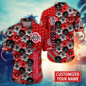 Ohio State Buckeyes Tropical Flowers Customized Name Hawaiian Shirt
