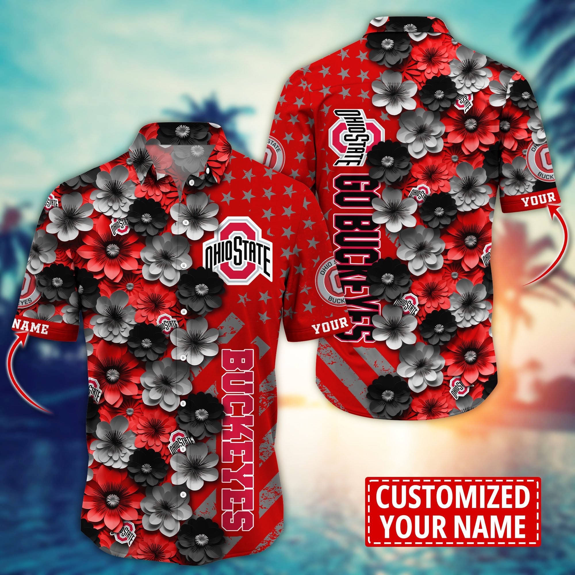Ohio State Buckeyes Tropical Flowers Customized Name Hawaiian Shirt Ohio State Buckeyes Tropical Flowers Customized Name Hawaiian Shirt