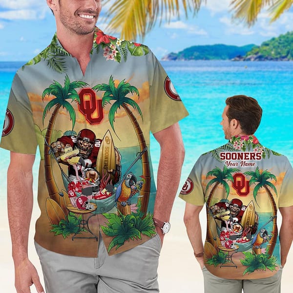 Oklahoma Sooners Party Flamingo Parrot In Beach Hawaiian Shirt Oklahoma Sooners Party Flamingo Parrot In Beach Hawaiian Shirt