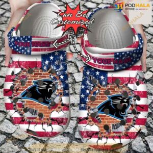 Personalized Carolina Panthers American Flag Breaking Wall Crocs Clog Shoes