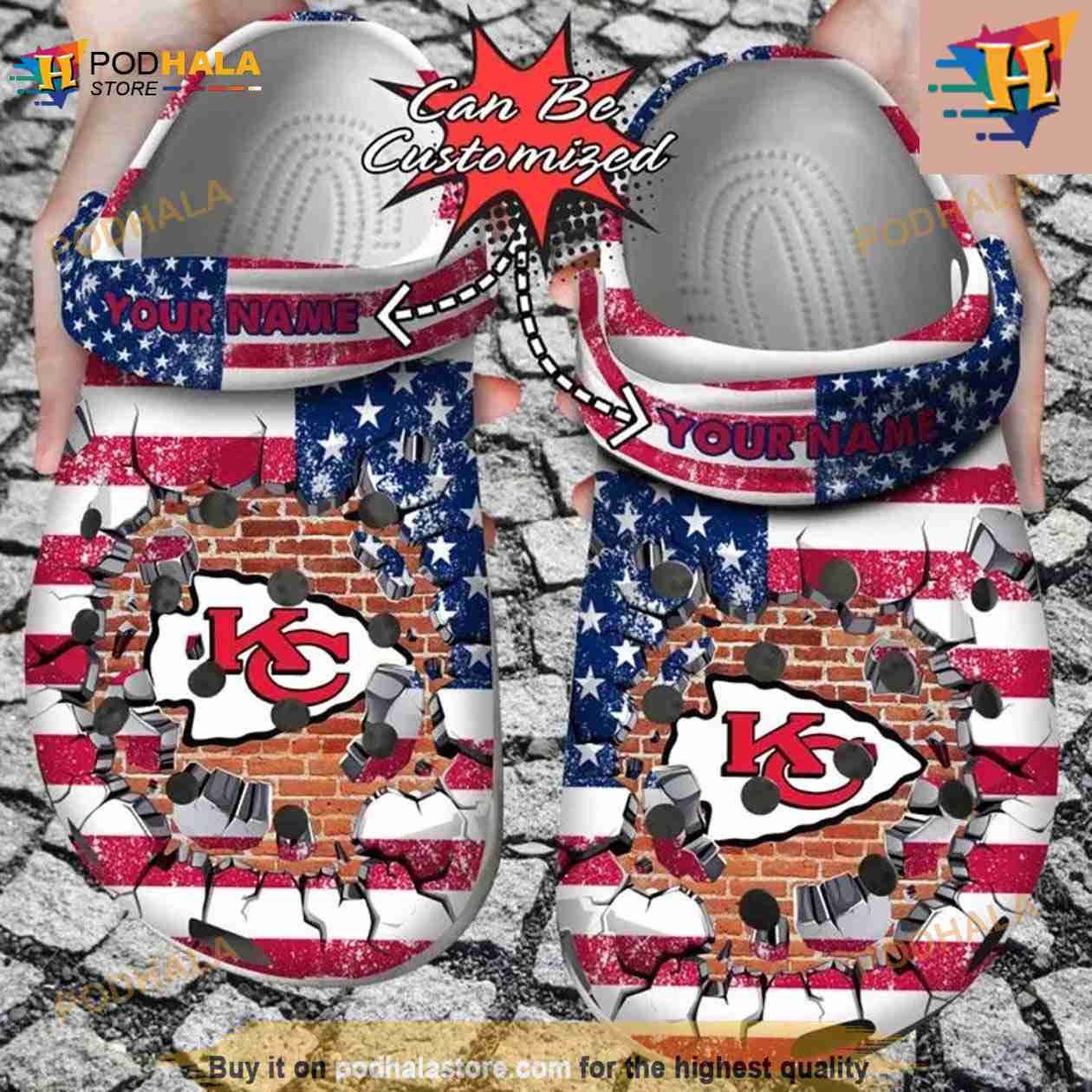 Personalized Kansas City Chiefs American Flag Breaking Wall Crocs Clog Shoes Personalized Kansas City Chiefs American Flag Breaking Wall Crocs Clog Shoes