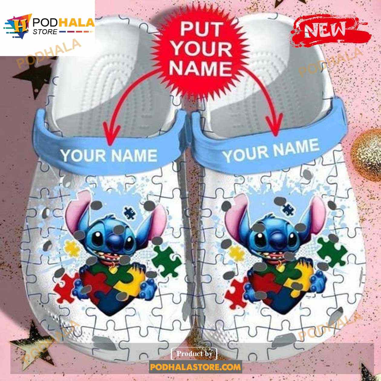 Personalized Name Cute Stitch Autism Crocs Classic Clogs Shoes In Blue White Personalized Name Cute Stitch Autism Crocs Classic Clogs Shoes In Blue White