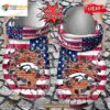 Personalized Name Football Crocs Dbroncos American Flag Breaking Wall Clog Shoes