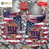 Personalized Name Football Crocs Ny Giants American Flag Breaking Wall Clog Shoes