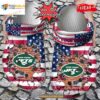 Personalized Name Football Crocs Ny Jets American Flag Breaking Wall Clog Shoes