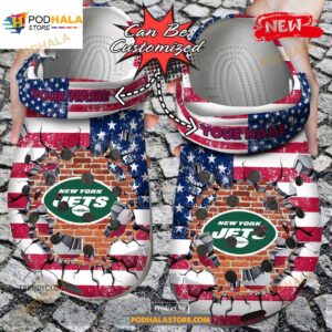 Personalized Name Football Crocs Ny Jets American Flag Breaking Wall Clog Shoes