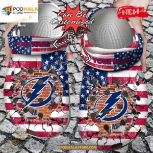 Personalized Name Hockey Crocs Tb Lightning American Flag Breaking Wall Clog Shoes