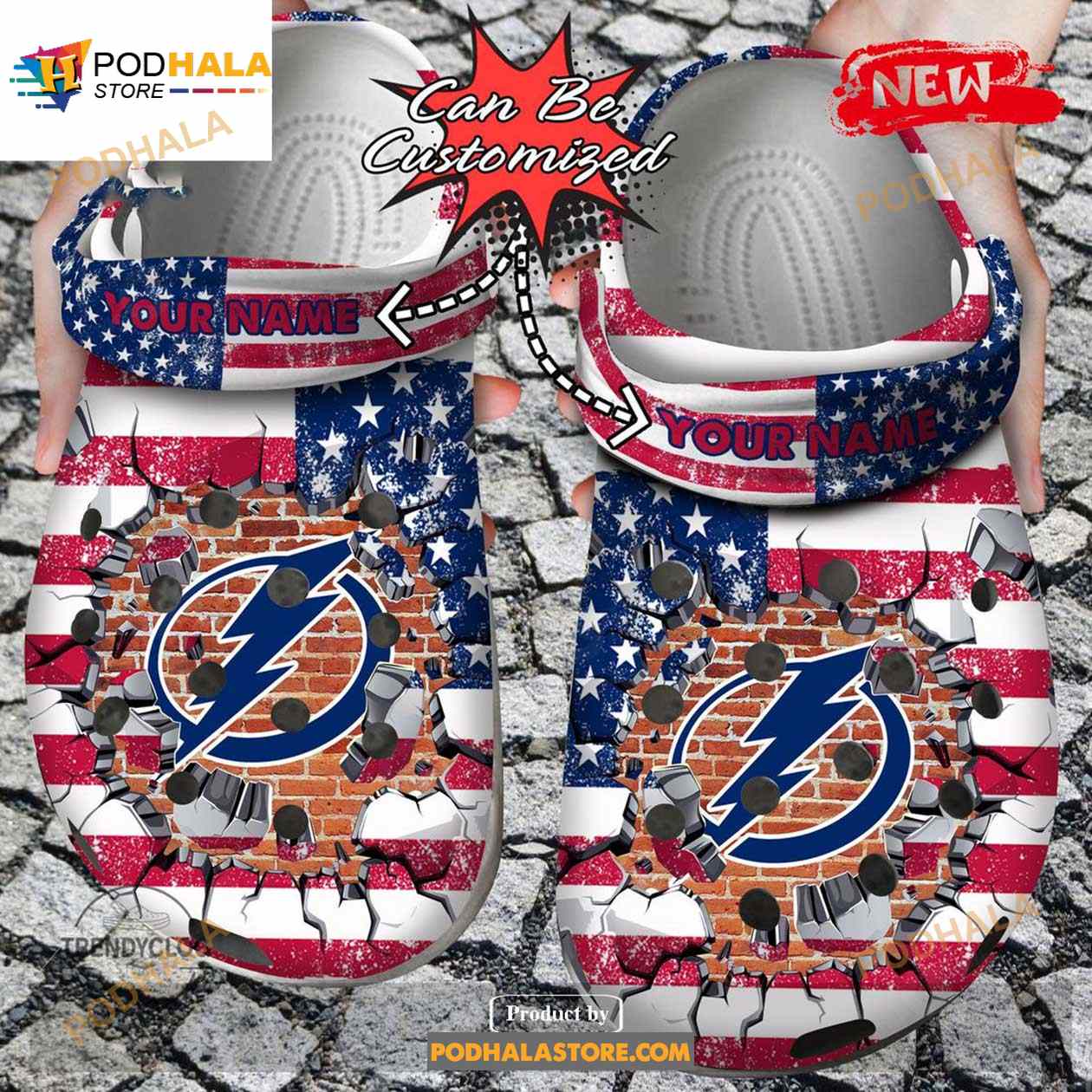 Personalized Name Hockey Crocs Tb Lightning American Flag Breaking Wall Clog Shoes Personalized Name Hockey Crocs Tb Lightning American Flag Breaking Wall Clog Shoes