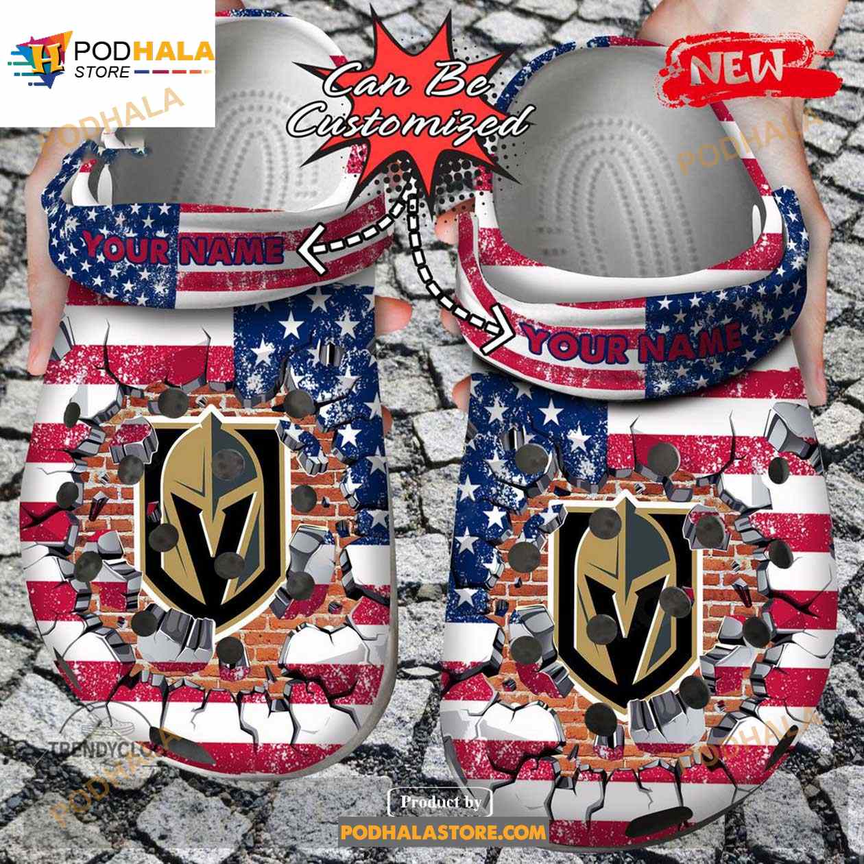 Personalized Name Hockey Crocs Vgolden Knights American Flag Breaking Wall Clog Shoes Personalized Name Hockey Crocs Vgolden Knights American Flag Breaking Wall Clog Shoes
