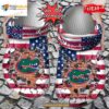 Personalized Name Logo Sport University Team American Flag Breaking Wall Crocs Clog Shoes