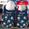 Personalized Name Snoopy Astronaut Usa Flag Puzzle Pieces Crocs Crocband Clog Shoes