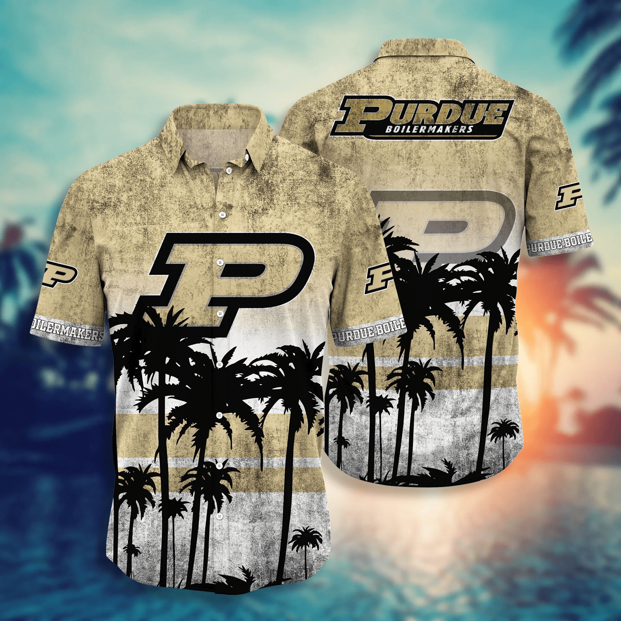 Purdue Boilermakers Black Palm Beach Hawaiian Shirt Purdue Boilermakers Black Palm Beach Hawaiian Shirt