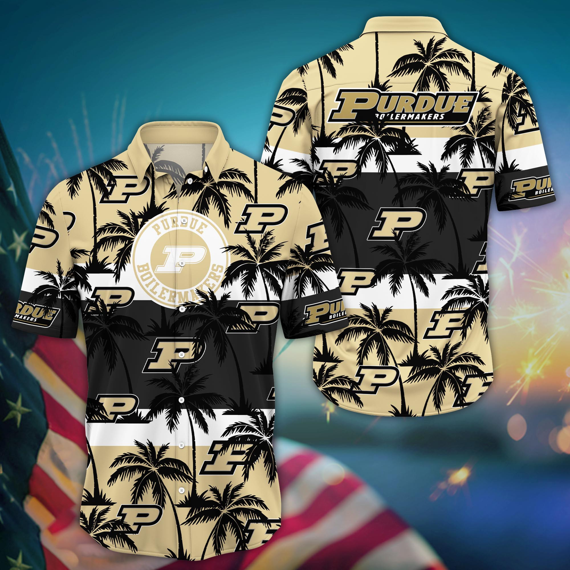 Purdue Boilermakers Black Palm Tree Hawaiian Shirt Purdue Boilermakers Black Palm Tree Hawaiian Shirt