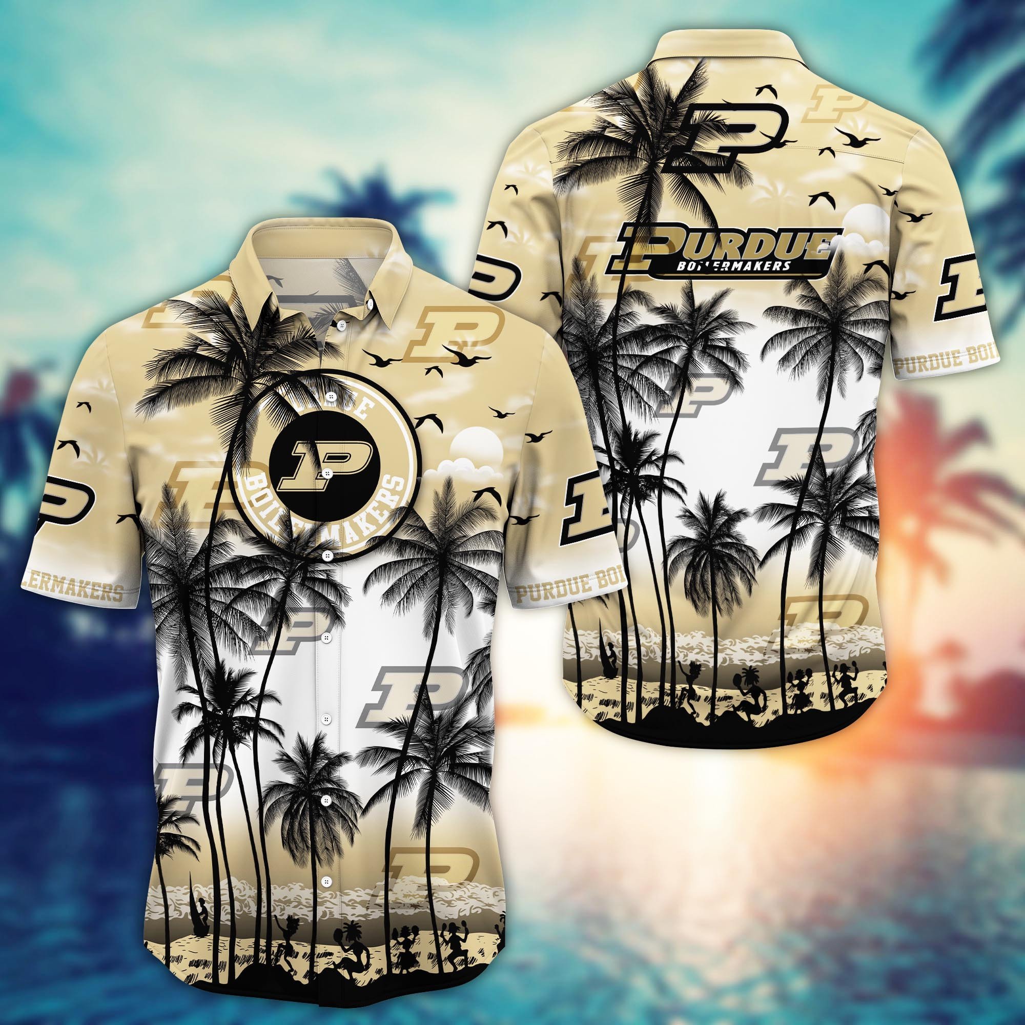 Purdue Boilermakers Black Palm Tree Island Hawaiian Shirt Purdue Boilermakers Black Palm Tree Island Hawaiian Shirt