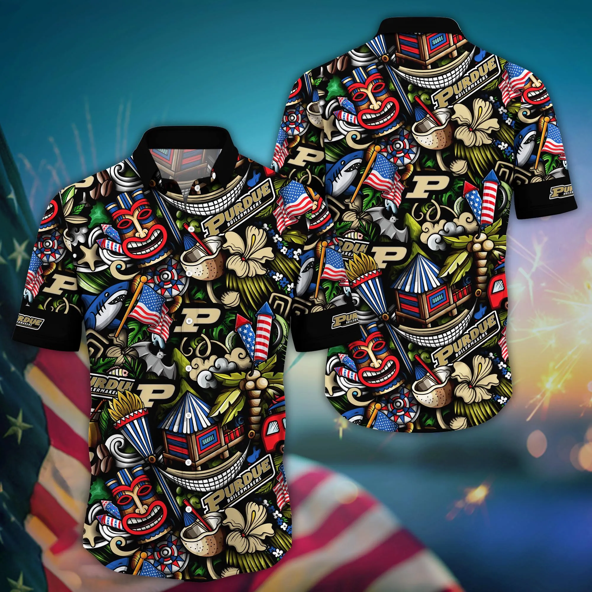 Purdue Boilermakers Tiki Floral Aloha Hawaiian Shirt Purdue Boilermakers Tiki Floral Aloha Hawaiian Shirt