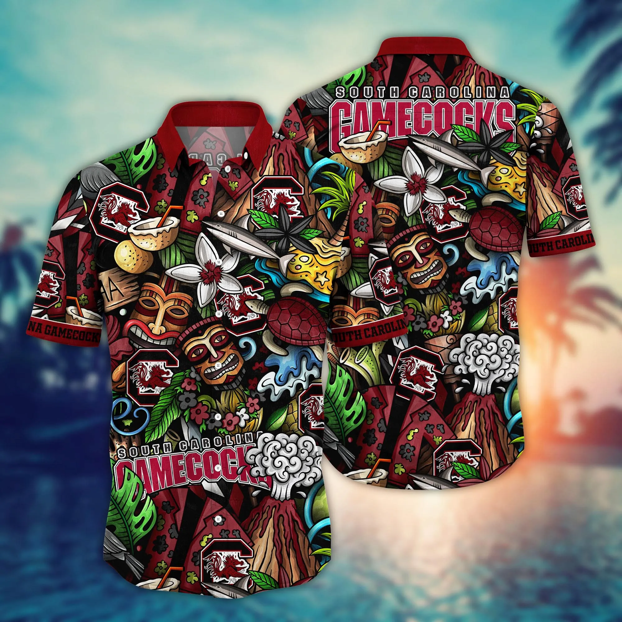 South Carolina Gamecocks Tiki Pattern Hawaiian Shirt South Carolina Gamecocks Tiki Pattern Hawaiian Shirt