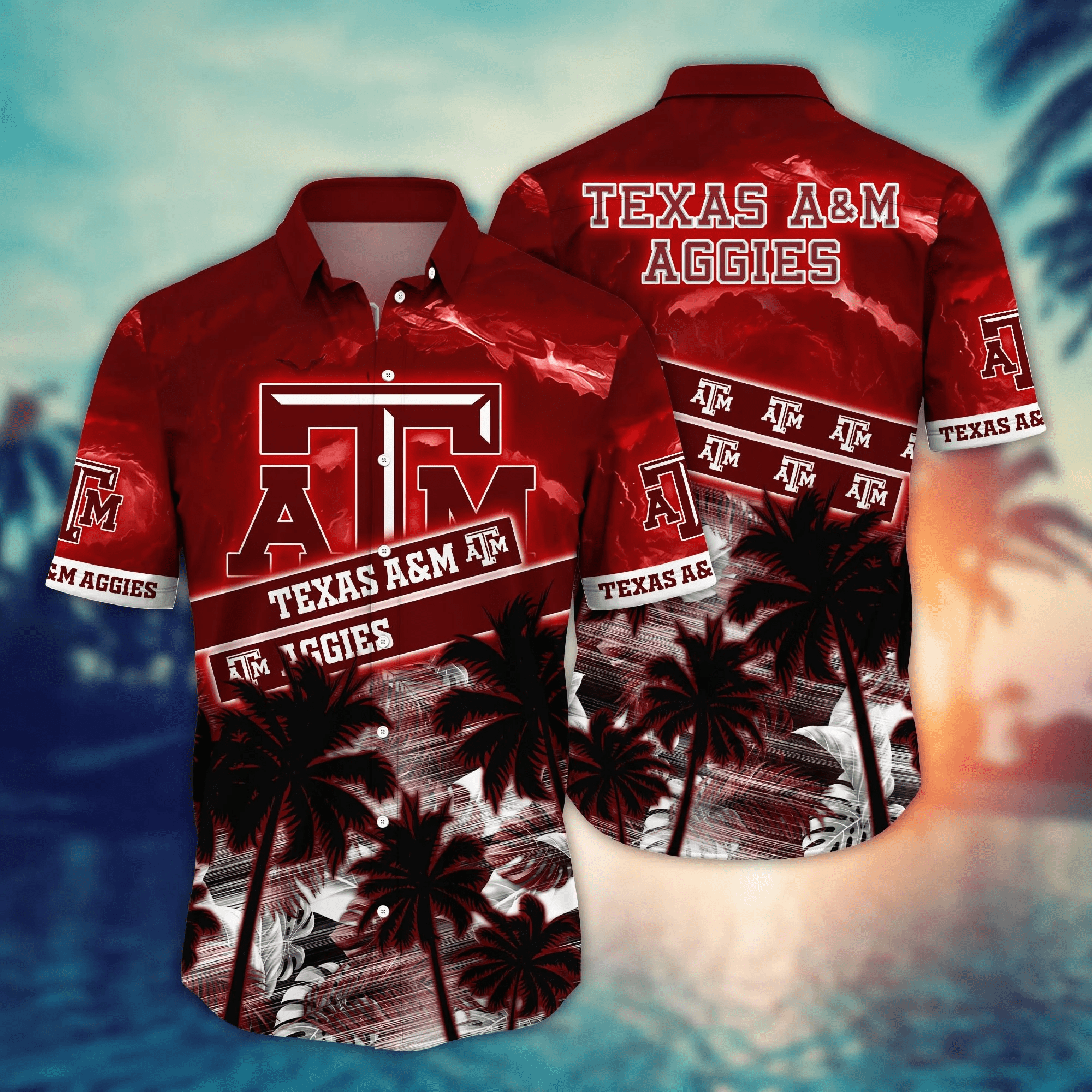 Texas A&M Aggies Black Palm Tree Hawaiian Shirt Texas A&M Aggies Black Palm Tree Hawaiian Shirt