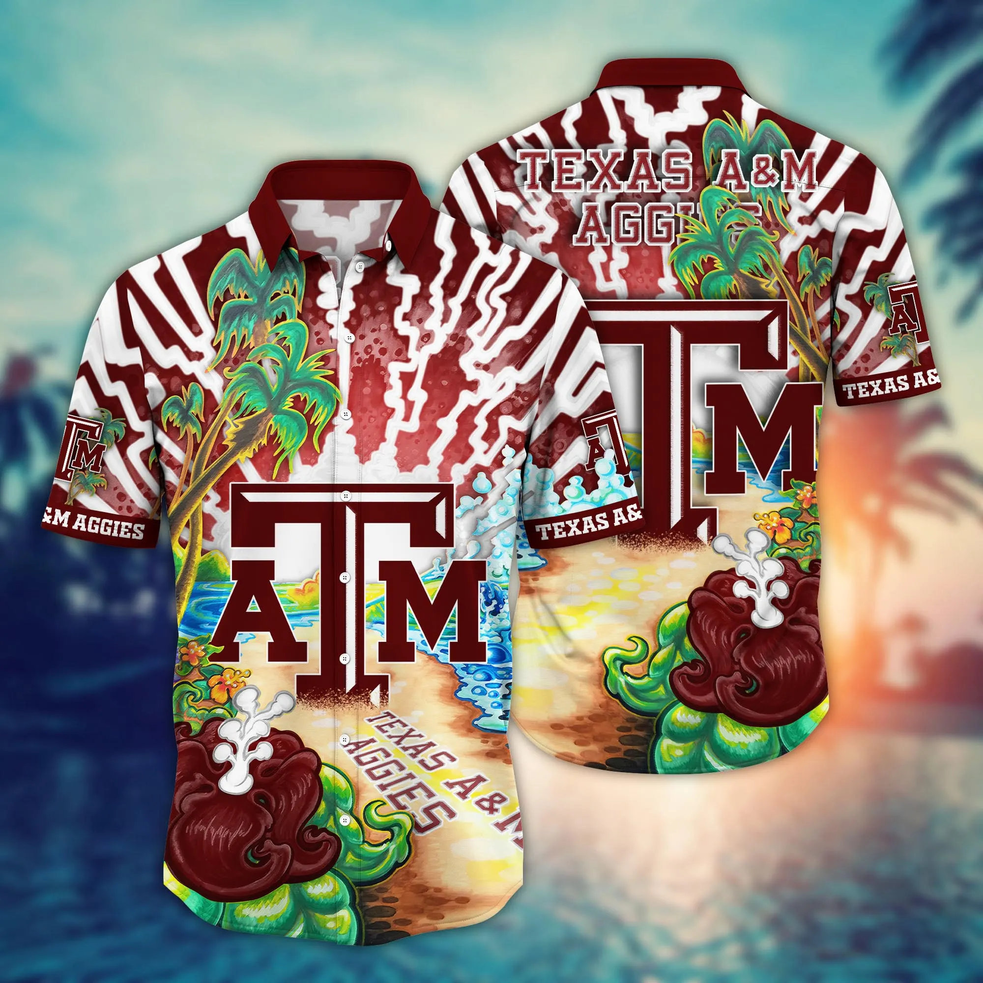 Texas A&M Aggies Thunder Strike Beach Palm Tree Hawaiian Shirt Texas A&M Aggies Thunder Strike Beach Palm Tree Hawaiian Shirt