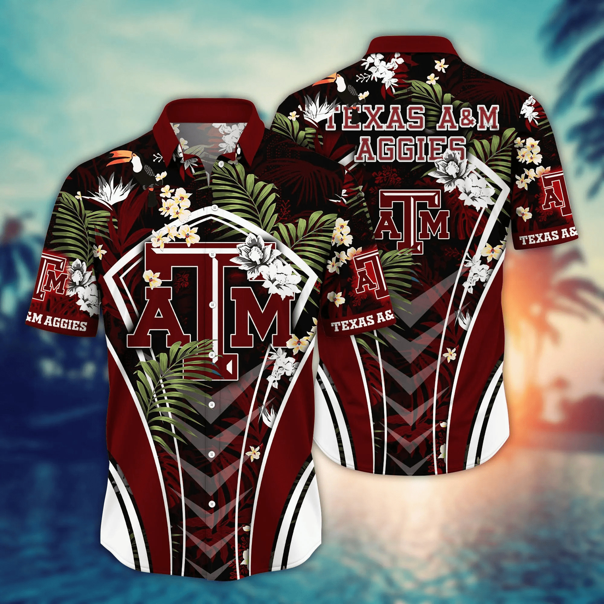 Texas A&M Aggies Tropical Leaf Armor Design Hawaiian Shirt Texas A&M Aggies Tropical Leaf Armor Design Hawaiian Shirt